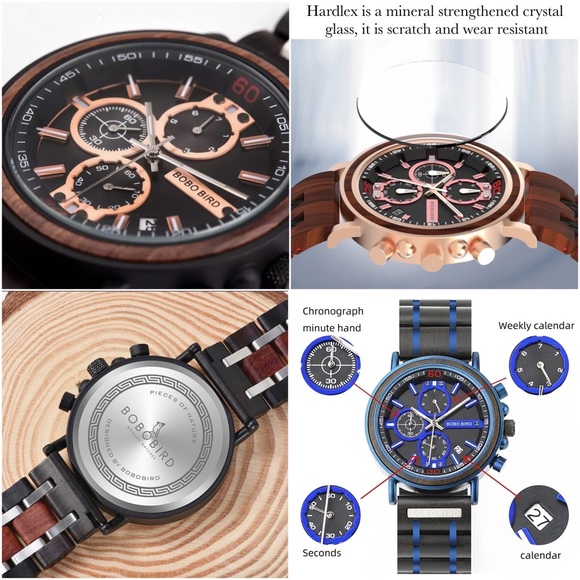 Luxury Amaranth & Ebony Wood Chronograph Military Quartz Watch - Picture 12 of 15